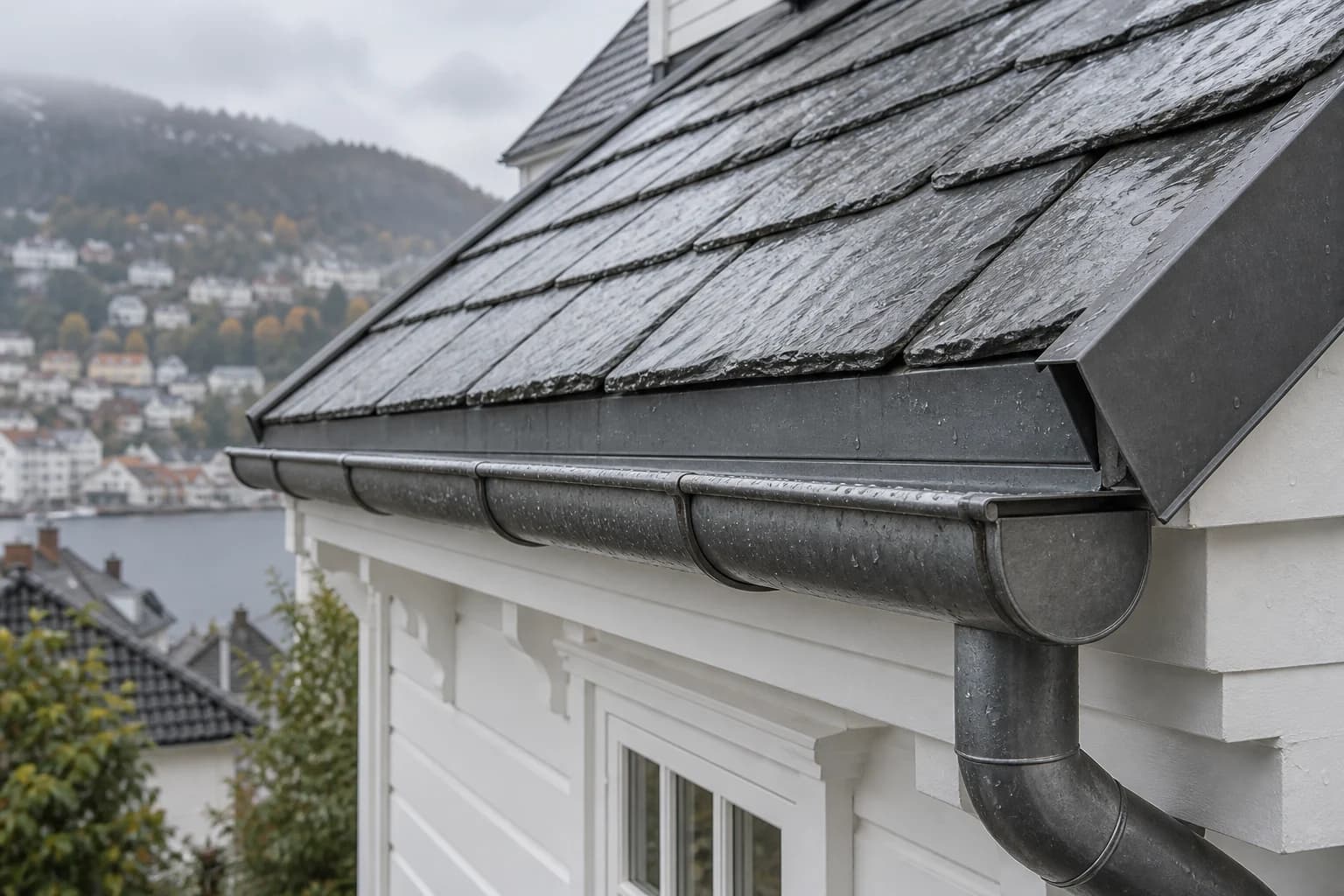 Illustrasjon av et skifertak med beslag og takrenne på et hvitt trehus.