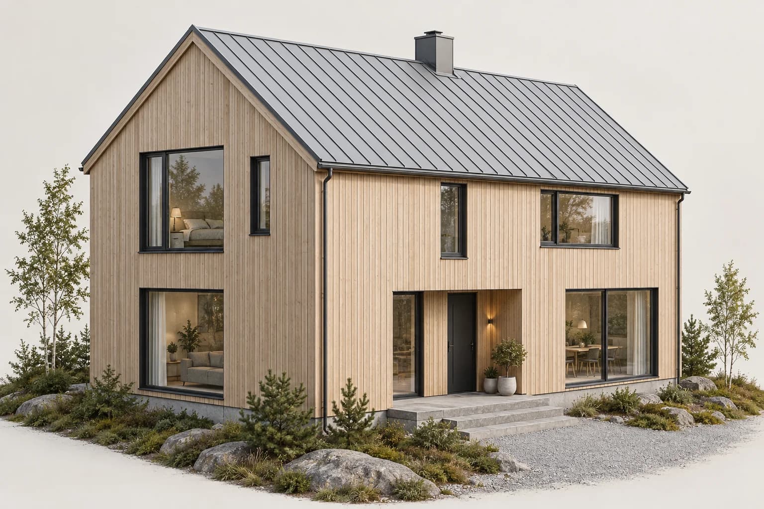 AI-illustrasjon: En moderne norsk trebolig med sølvgrå, falset aluminiumstak.