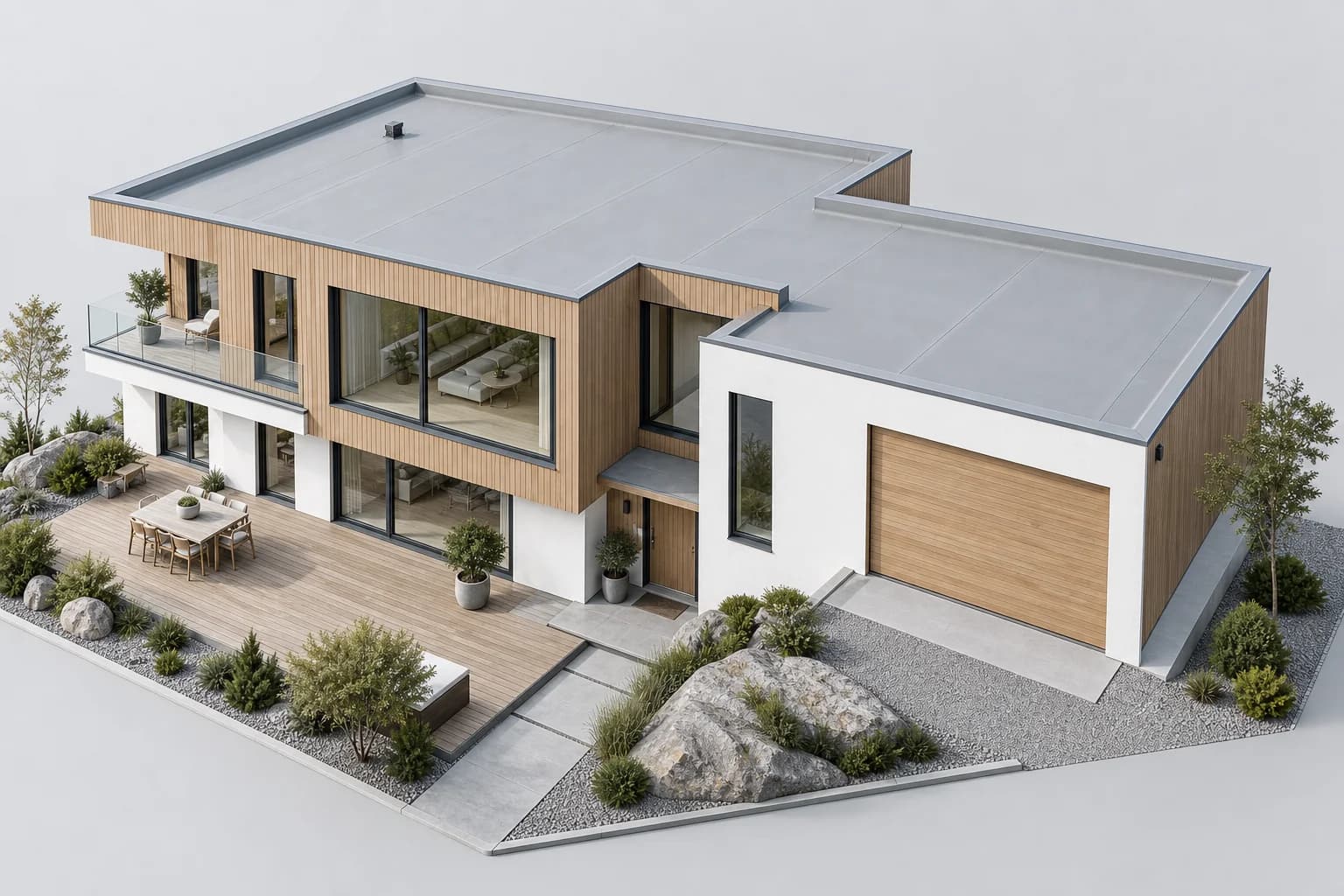 AI-illustrasjon: En moderne norsk trebolig med lys grå folie på et lavt tak.