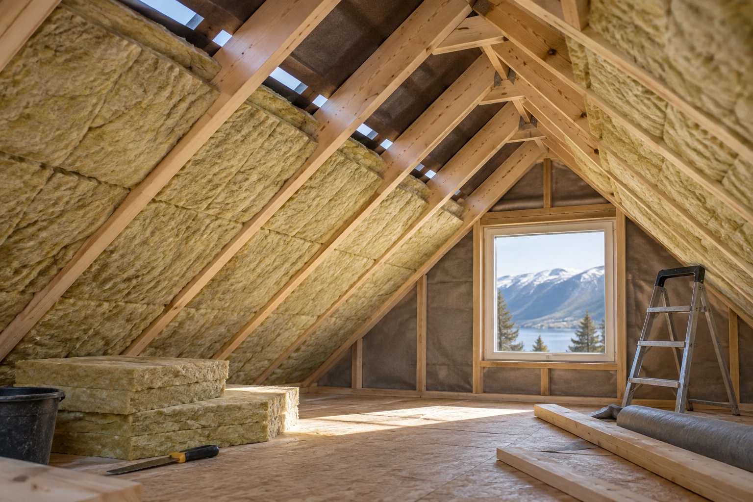 Loft under arbeid med isolasjon mellom synlige taksperrer.