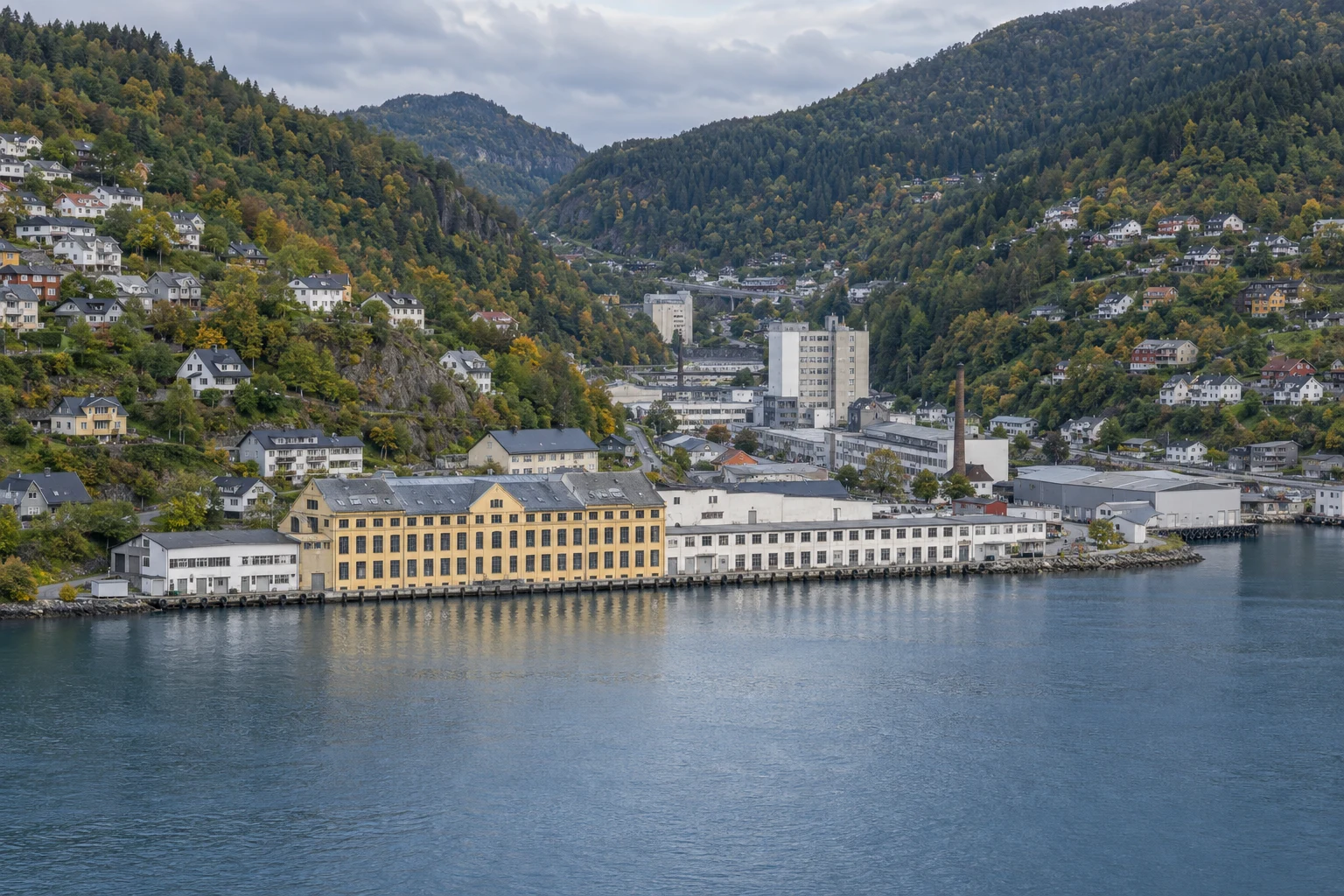 AI-illustrasjon inspirert av Arnas industribebyggelse ved fjorden og hus i grønne dalsider.