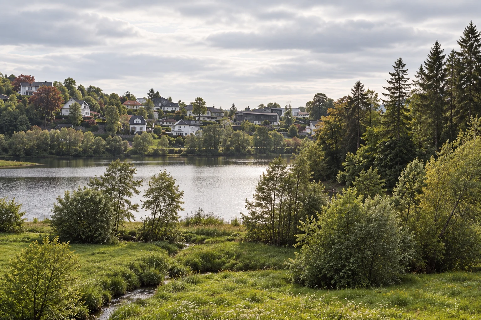 AI-illustrasjon inspirert av villaer og taklandskap ved et vann i Fana.