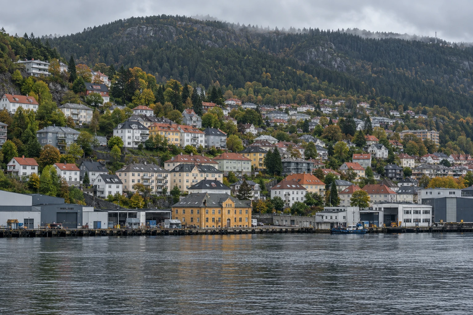 AI-illustrasjon inspirert av Laksevågs sjøfront og tett bebyggelse nedenfor skogen.