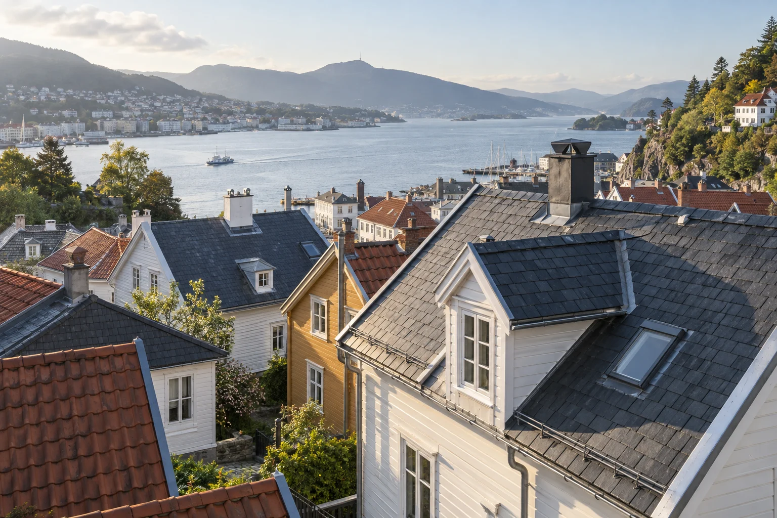 Illustrasjon av takene i Bergen med fjorden og fjellene i bakgrunnen.