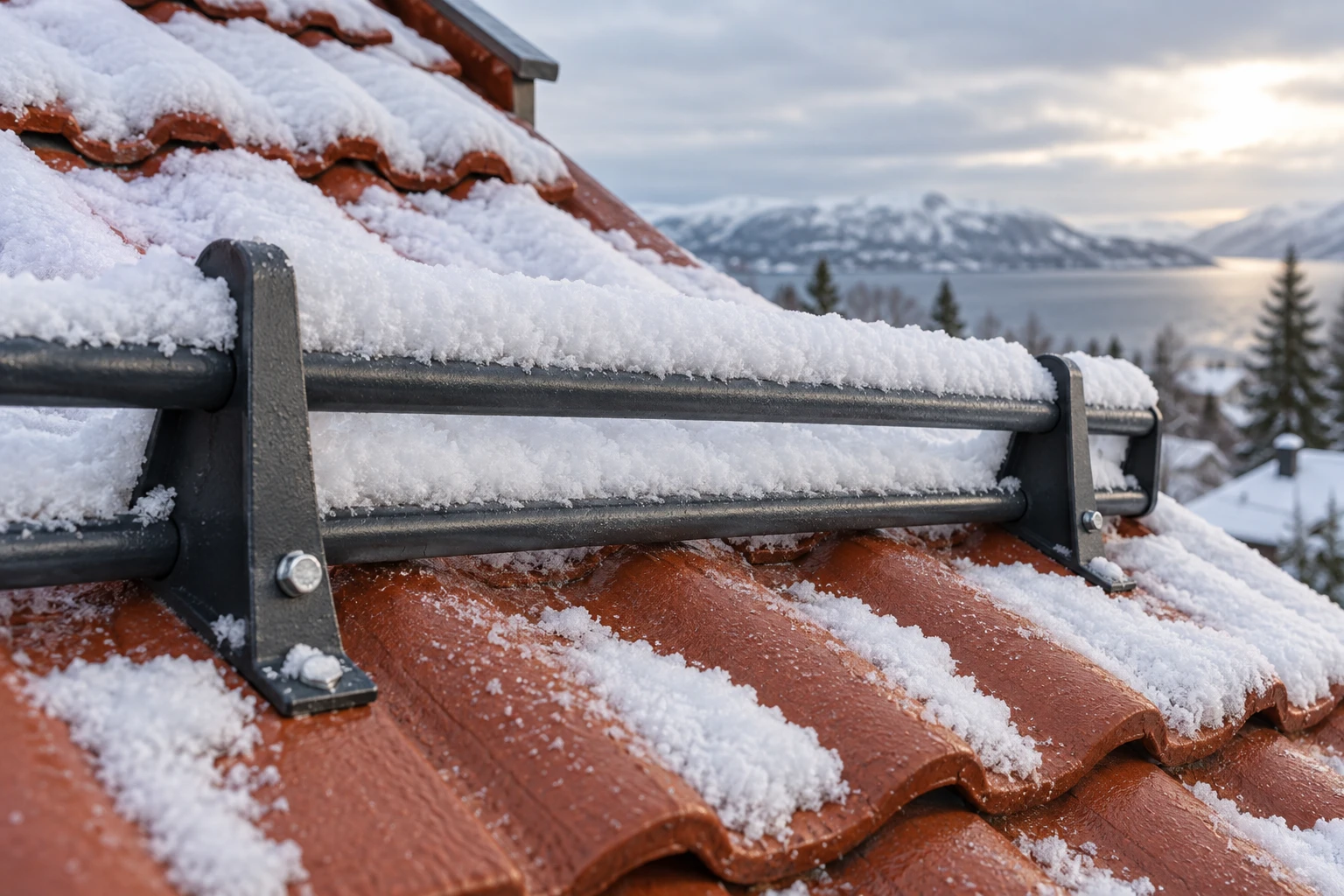 Snøfanger med to rør og braketter på et snødekt tegltak.