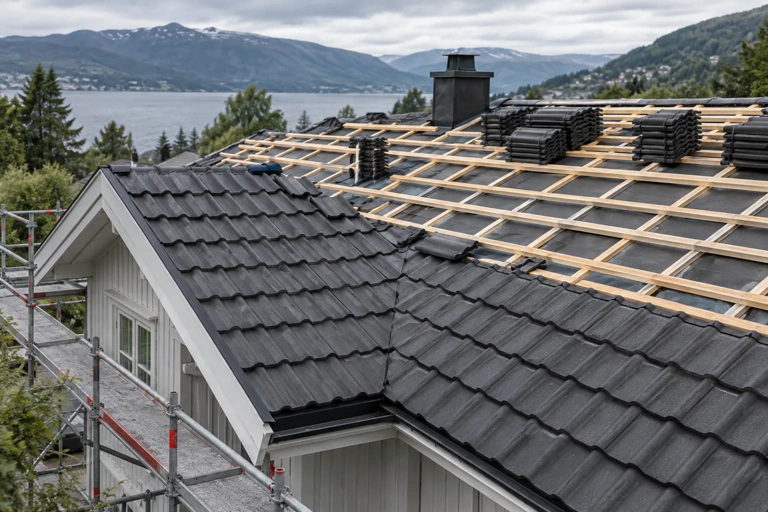 Takbytte i gang på en enebolig i Bergen. Undertak og lekter ligger klare, og ny betongstein legges fra takfoten.