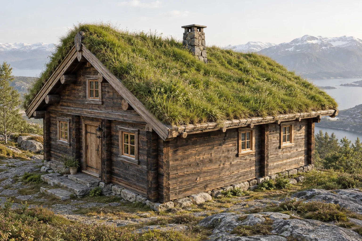 Norsk trehytte med gresskledd torvtak og murpipe.