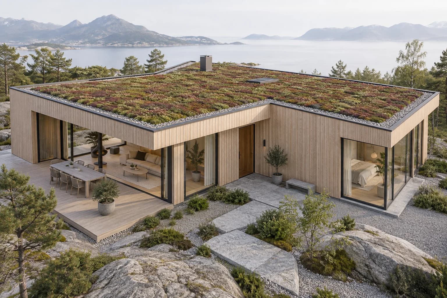 AI-illustrasjon: En moderne norsk trebolig med et lavt, grønt sedumtak.