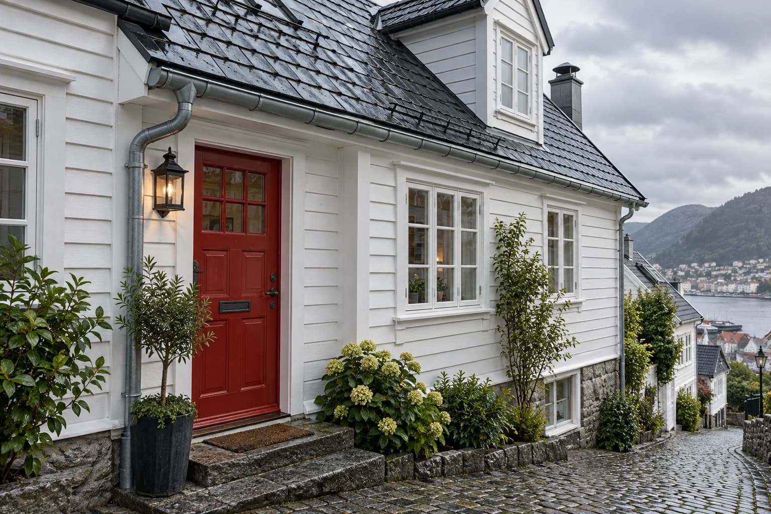 Illustrasjon av skifertak og takrenner på et bergensk trehus.