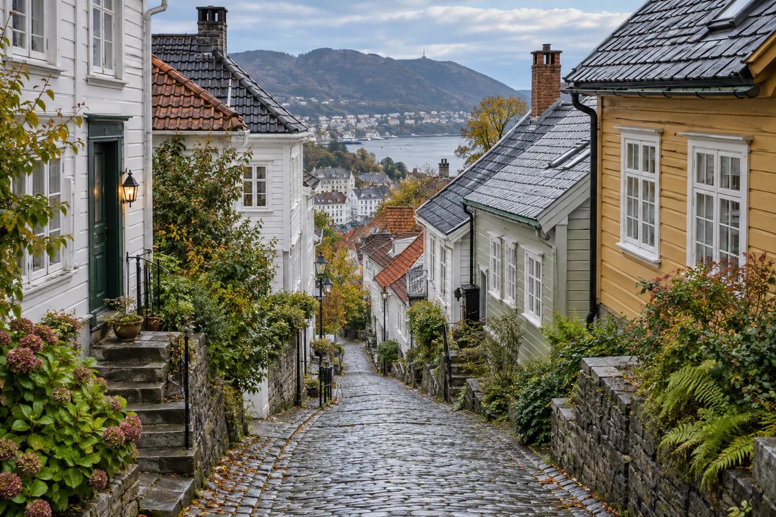 AI-illustrasjon inspirert av et bratt smau mellom trehus og mørke tak i Sandviken.