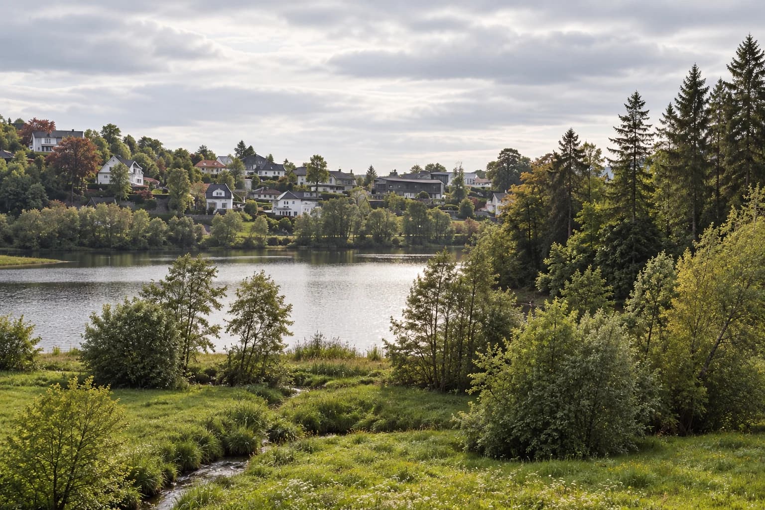 AI-illustrasjon inspirert av villaer og taklandskap ved et vann i Fana.